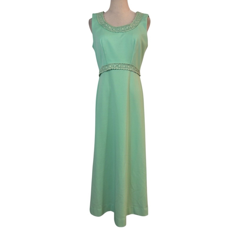 Vtg 60s Mint Green Maxi Dress Sz M Empire Waist Lace Mod Festival Romantic